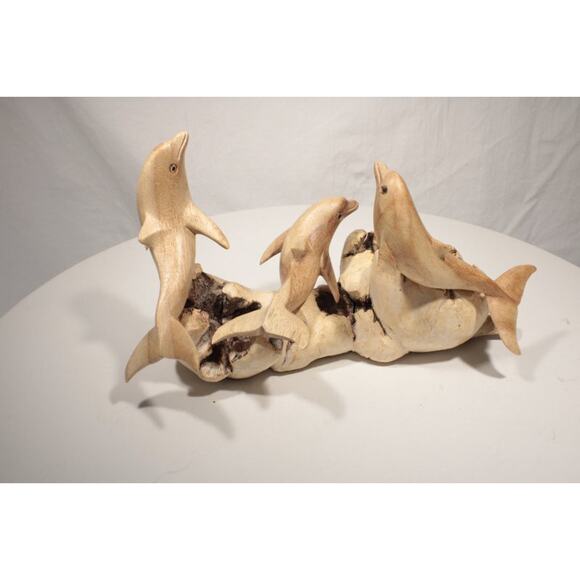 Hand Carved Dolphins Figures on Driftwood Art Beach Coastal Cabin Decor - Picture 5 of 12
